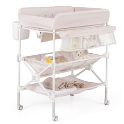 Costway Portable Baby Changing Table Height Adjustable w/ Wheels-Pink in Pink