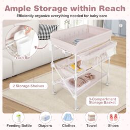 Costway Portable Baby Changing Table Height Adjustable w/ Wheels-Pink in Pink - thumbnail 2