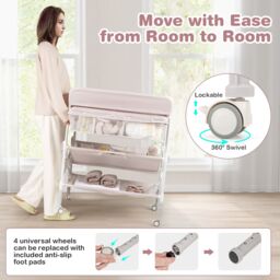 Costway Portable Baby Changing Table Height Adjustable w/ Wheels-Pink in Pink - thumbnail 6