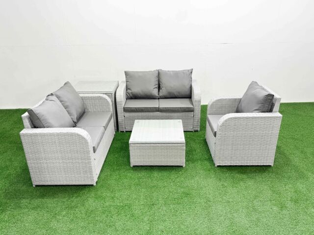 Fimous High Back Poly Rattan Garden Furniture Set w/ Reclining Chair Loveseat Sofa Square Coffee Table Indoor Outdoor Patio Set Side Table Light Grey - image 1