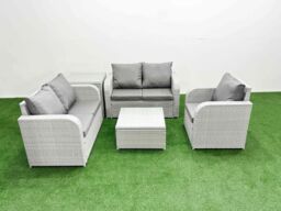 Fimous High Back Poly Rattan Garden Furniture Set w/ Reclining Chair Loveseat Sofa Square Coffee Table Indoor Outdoor Patio Set Side Table Light Grey - thumbnail 2