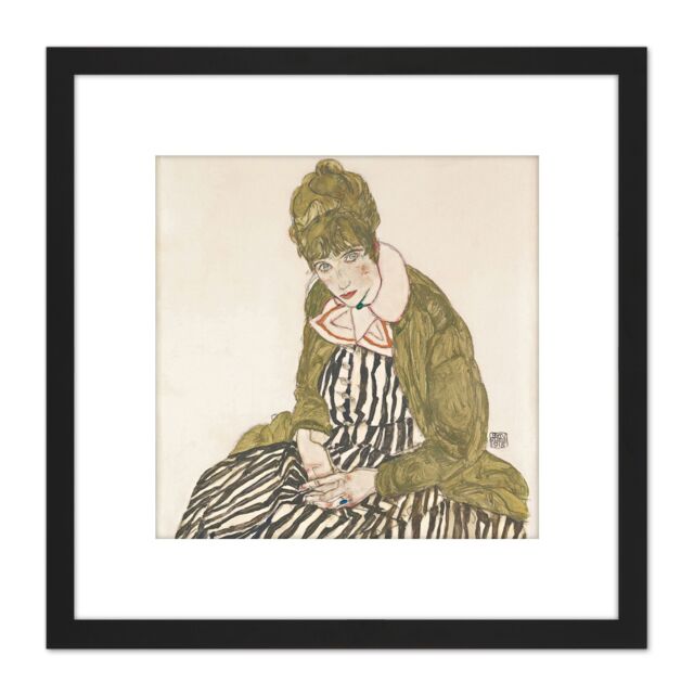 Artery8 Egon Schiele Edith With Striped Dress Sitting 8X8 Inch Square Wooden Framed Wall Art Print Picture with Mount in Black - image 1