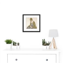 Artery8 Egon Schiele Edith With Striped Dress Sitting 8X8 Inch Square Wooden Framed Wall Art Print Picture with Mount in Black - thumbnail 2