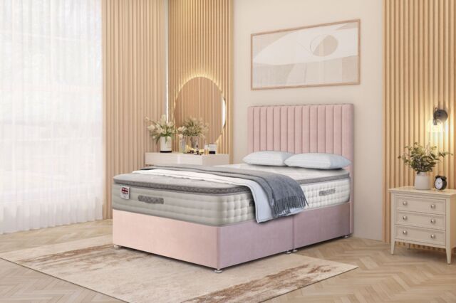 "Somnior Eleanor Plush Divan Bed Set with Pillowtop Mattress & 54"" Headboard in Pink - Size: Super King" - image 1