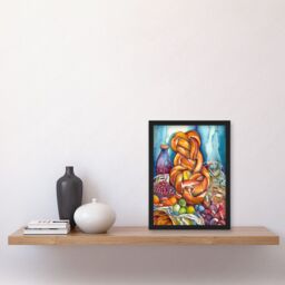 Artery8 Jewish Challah Bread & Fruit Folk Art Watercolour Painting Artwork Framed Wall Art Print A4 in Black - thumbnail 2