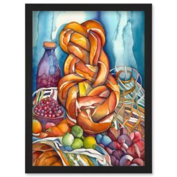 Artery8 Jewish Challah Bread & Fruit Folk Art Watercolour Painting Artwork Framed Wall Art Print A4 in Black - thumbnail 1