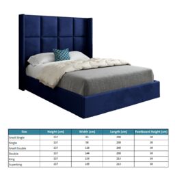 KDMD Quanta Straight Winged Upholstered Soft Velvet Blue Bed Frame - Size: Double - thumbnail 4