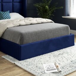KDMD Quanta Straight Winged Upholstered Soft Velvet Blue Bed Frame - Size: Double - thumbnail 3