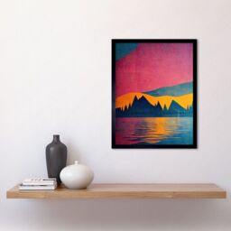 "Artery8 Wall Art Print Sunset at Lakeside Modern Colourful Pop Art Design Art Framed in Black - Size: W12"" x H16""" - thumbnail 2