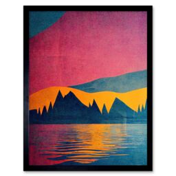 "Artery8 Wall Art Print Sunset at Lakeside Modern Colourful Pop Art Design Art Framed in Black - Size: W12"" x H16""" - thumbnail 1