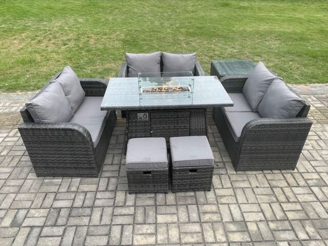 Fimous Rattan Outdoor Garden Furniture Sofa Set Gas Fire Pit Dining Table Gas Heater with Side Tables Love Sofa 2 Small Footstools in Dark Grey - image 1