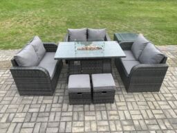 Fimous Rattan Outdoor Garden Furniture Sofa Set Gas Fire Pit Dining Table Gas Heater with Side Tables Love Sofa 2 Small Footstools in Dark Grey - thumbnail 1