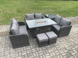 Fimous Rattan Outdoor Garden Furniture Sofa Set Gas Fire Pit Dining Table Gas Heater with Side Tables Love Sofa 2 Small Footstools in Dark Grey - thumbnail 3