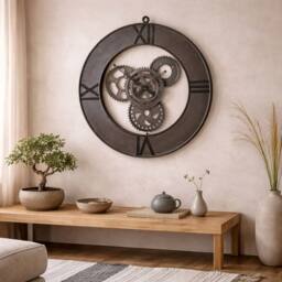 Wyld Haus Inari Industrial Metal Cogs Wall Clock Roman Numerals Brown - thumbnail 1