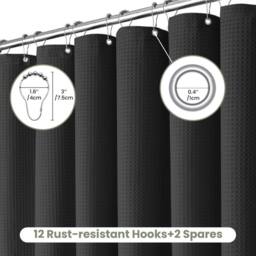 INHOUSOLU HOME DECOR Luxury Fabric Shower Curtain Waffle Weave 230 GSM Water Repellent in Black - thumbnail 5