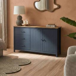 Wyld and Coco Nordic Sideboard Dark Blue 2-Door 3-Drawer Pine W150 x D40 x H80cm