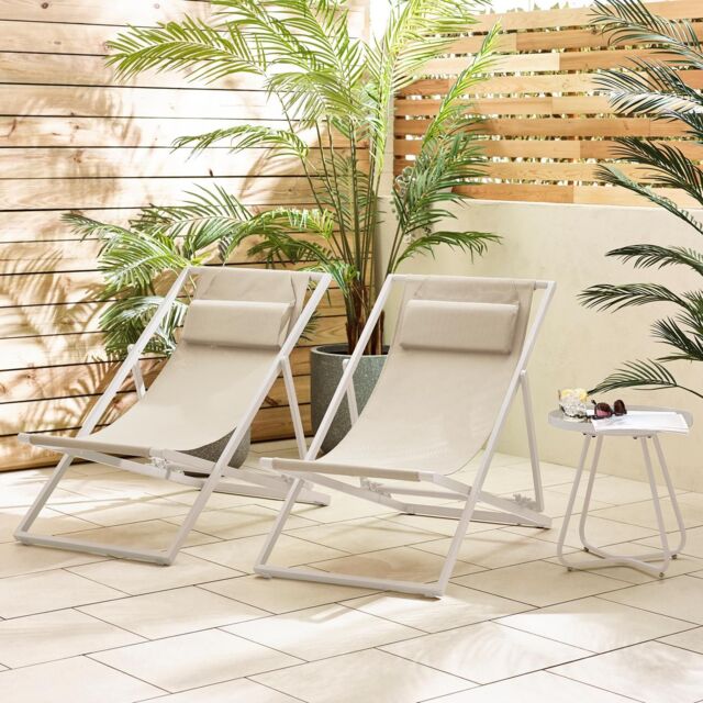 FurnitureboxUK 2x Corsica Metal & Textilene Outdoor Deckchairs with Headrest in Cream - image 1