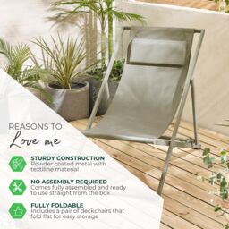 FurnitureboxUK 2x Corsica Metal & Textilene Outdoor Deckchairs with Headrest in Cream - thumbnail 7