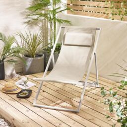 FurnitureboxUK 2x Corsica Metal & Textilene Outdoor Deckchairs with Headrest in Cream - thumbnail 2