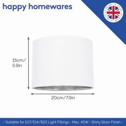 Happy Homewares Contemporary Cotton Lamp/Light Shade with Shiny Paper Inner in White - Size: 8 inches - thumbnail 5