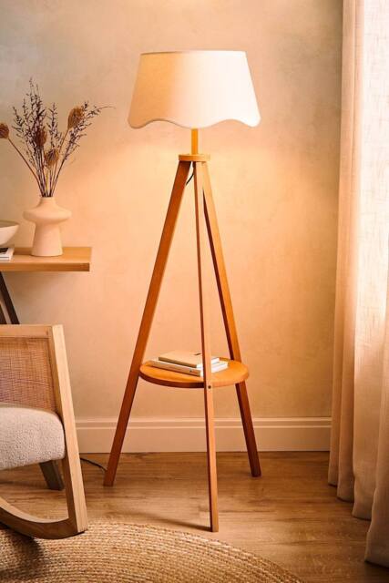 ValueLights Morrigan Rich Wood Tripod Floor Lamp with Scalloped Shade & Bulb in Natural - image 1