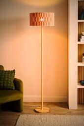 ValueLights Heather Light Wood Floor Lamp & Orange Checker Bamboo Drum Shade in Pale Orange - thumbnail 2
