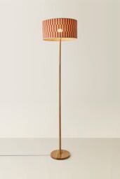 ValueLights Heather Light Wood Floor Lamp & Orange Checker Bamboo Drum Shade in Pale Orange - thumbnail 3
