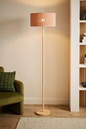 ValueLights Heather Light Wood Floor Lamp & Patterned Bamboo Drum Shade in Pale Orange