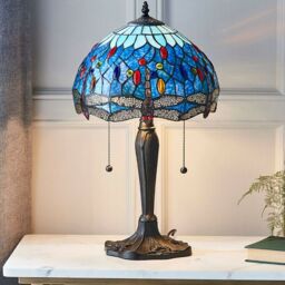 Loops Tiffany Glass Table Lamp Light Dark Bronze Base & Blue Dragonfly Shade i00193 in Clear - thumbnail 3