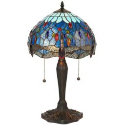 Loops Tiffany Glass Table Lamp Light Dark Bronze Base & Blue Dragonfly Shade i00193 in Clear