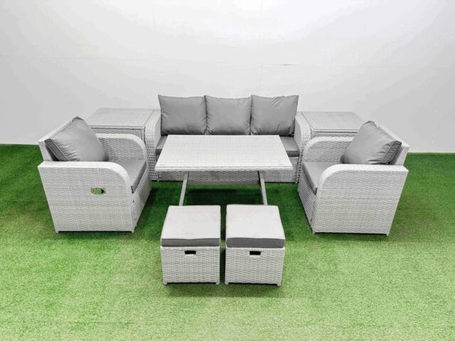 Fimous Reclining Chair 3 Seat Sofa Set Garden Furniture with Dining Table in Light Grey - image 1