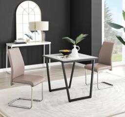 FurnitureboxUK Carson White Marble Effect Square Dining Table & 2 Faux Leather Lorenzo Chairs in Beige - thumbnail 1