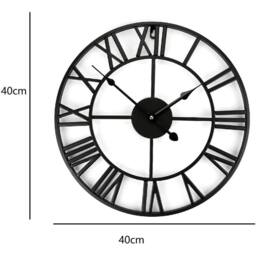 SPETLEK 40cm Outdoor Garden Wall Clock Roman Numerals Open Face Metal in Black - thumbnail 2