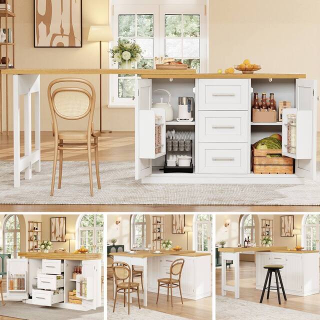Rolipo White Extendable Dining Table & Kitchen Island With Storage - image 1