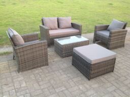 Fimous 5 Seater Grey Mixed High Back Rattan Sofa Set Coffee Table Garden Furniture Outdoor in Dark Grey - thumbnail 4