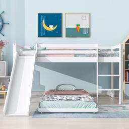 Matteo Children's Cabin Bed Frame With Slide & Ladder, Bunk Bed For Kids With Adjustable Ladder & Slide in White - Size: Double - thumbnail 3