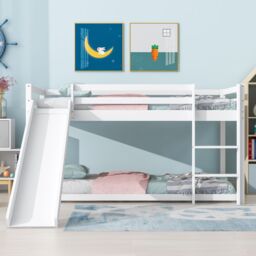 Matteo Children's Cabin Bed Frame With Slide & Ladder, Bunk Bed For Kids With Adjustable Ladder & Slide in White - Size: Double - thumbnail 2