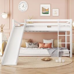 Matteo Children's Cabin Bed Frame With Slide & Ladder, Bunk Bed For Kids With Adjustable Ladder & Slide in White - Size: Double - thumbnail 5