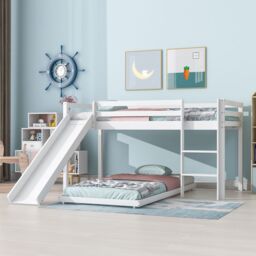 Matteo Children's Cabin Bed Frame With Slide & Ladder, Bunk Bed For Kids With Adjustable Ladder & Slide in White - Size: Double - thumbnail 1