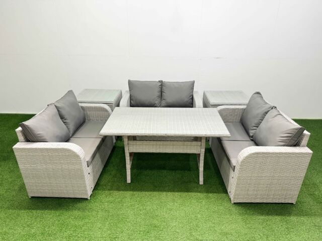 Fimous 6 Seater PE Wicker Rattan Furniture Sofa Sets with Rectangular Dining Table 2 Seater Love Sofa 2 Side Table Light Grey - image 1