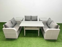 Fimous 6 Seater PE Wicker Rattan Furniture Sofa Sets with Rectangular Dining Table 2 Seater Love Sofa 2 Side Table Light Grey - thumbnail 1