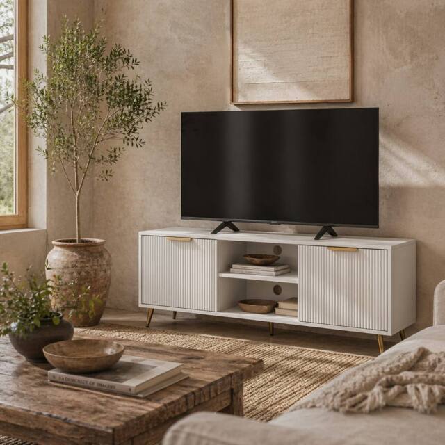 Wyld Haus Lamo 120cm White Wooden TV Stand Etched Doors Up to 55 Inch TVs - image 1
