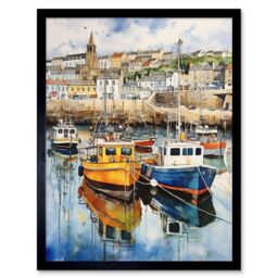 "Artery8 Wall Art Print Penzance Harbour Trawler Boats Promenade Watercolour Painting Cornwall Coastal Townscape Art Framed - Size: W12"" x H16""" - thumbnail 1