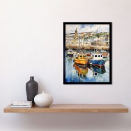 "Artery8 Wall Art Print Penzance Harbour Trawler Boats Promenade Watercolour Painting Cornwall Coastal Townscape Art Framed - Size: W12"" x H16""" - thumbnail 2