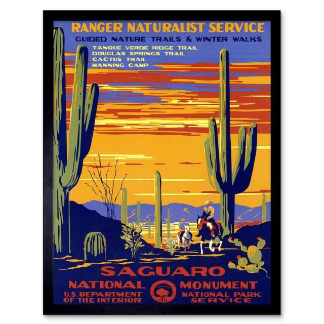 "Artery8 Travel Saguaro Monument Desert Cactus Cowboy USA Framed Wall Art Print - Size: W12"" x H16""" - image 1