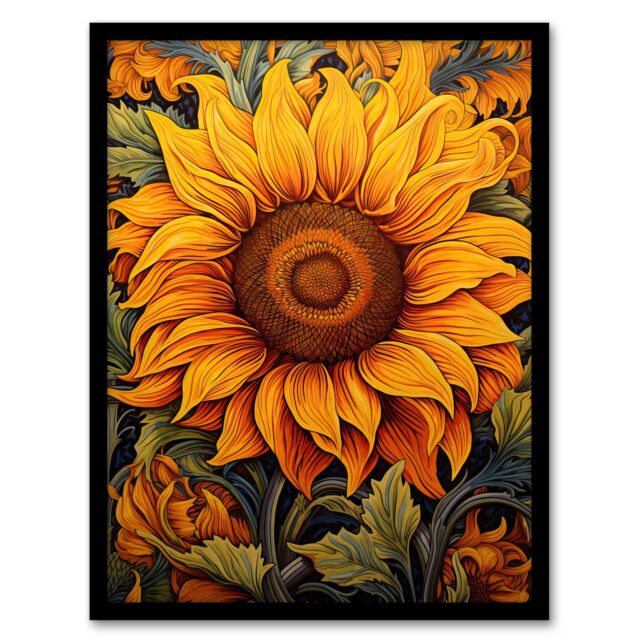 Artery8 Wall Art Print Single Sensational Summer Sunflower Bright Floral Vibrant Yellow William Morris Style Pattern Art Framed in Black - Size: A4 - image 1