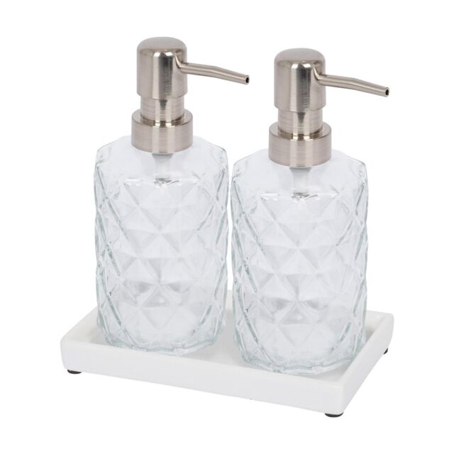 Harbour Housewares 2pc Prism Glass Soap Dispenser Set with Ceramic Tray - 330ml in Clear - image 1