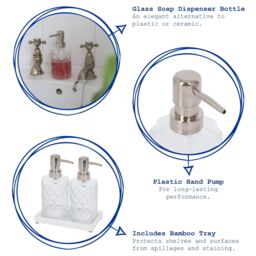 Harbour Housewares 2pc Prism Glass Soap Dispenser Set with Ceramic Tray - 330ml in Clear - thumbnail 2