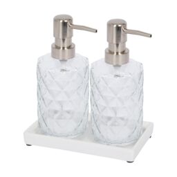 Harbour Housewares 2pc Prism Glass Soap Dispenser Set with Ceramic Tray - 330ml in Clear