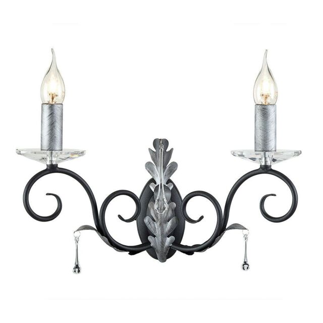 Loops Twin Wall Light Sconce Handmade Glass Droplets Black Silver LED E14 60W Bulb